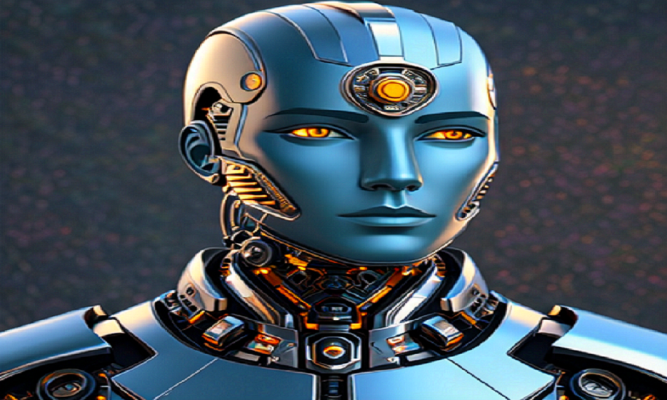 Illustration of an advanced AI humanoid robot with glowing eyes, representing artificial intelligence