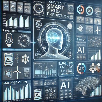 Smart grid dashboard displaying load prediction and real-time data using AI technology, featuring charts, graphs, and indicators for power distribution and renewable energy sources