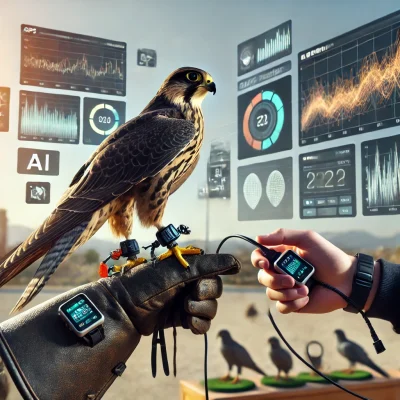 A falcon perched on a training glove, with AI-powered equipment and sensors such as GPS trackers and accelerometers visible on the bird. The backgroun